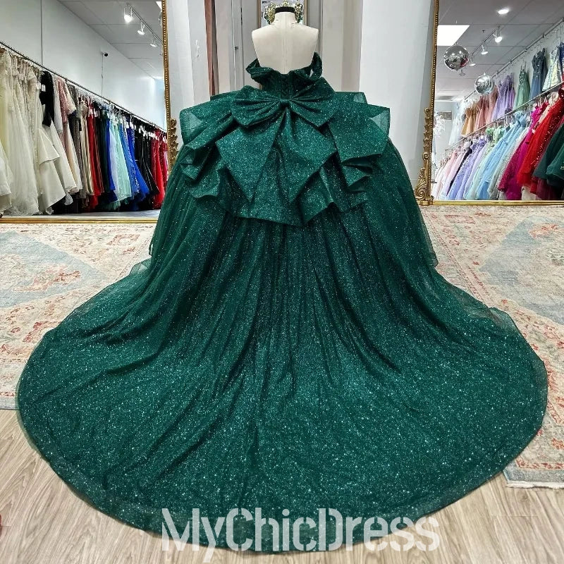 Glitter Emerald Green Off Shoulder Quinceanera Dresses Ball Gown Mychicdress