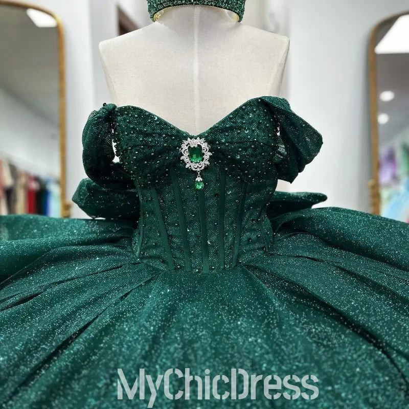 Glitter Emerald Green Off Shoulder Quinceanera Dresses Ball Gown Mychicdress