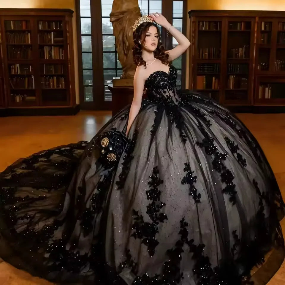 Glitter Lace Black Quince Dresses Corset Appliqued Sweet 16 Dress