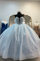 Glitter Light Blue Quinceanera Dress Corset Off the Shoulder 15 Dress with Bow Mychicdress