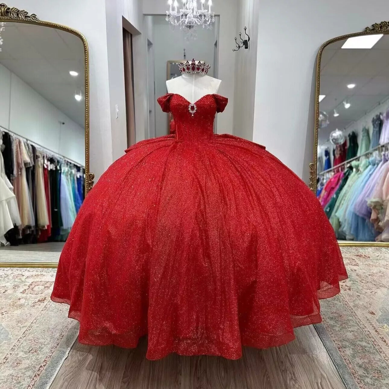 Glitter Red Quinceanera Dress Near Me Beaded Off Shoulder with Bow Mychicdress