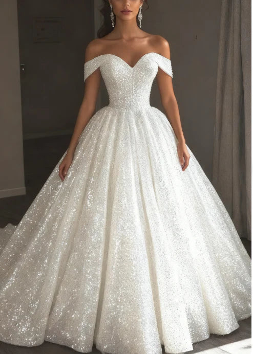 Glitter Sequin Ethereal Wedding Dress Ball Gown Off the Shoulder