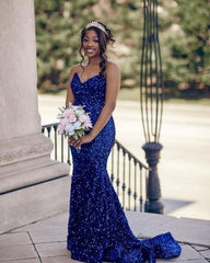 Glitter V Neck Evening Dress Royal Blue Mermaid Wedding Guest Gown