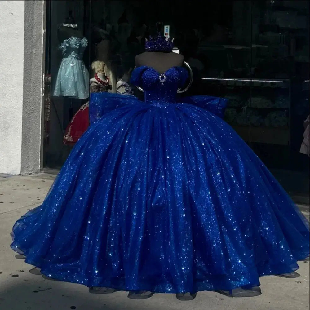 Blue sparkly ball gown Glitters Quinceanera Dresses Off Shoulder Sweet 16 Party Gowns