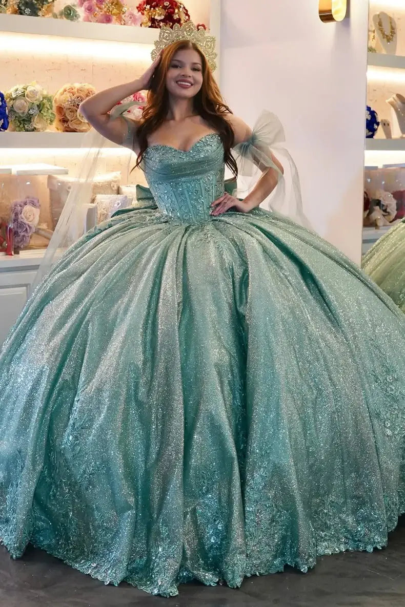 Glittery Mint Corset Lace Quinceanera Dresses for Sweet 16 Party Gowns