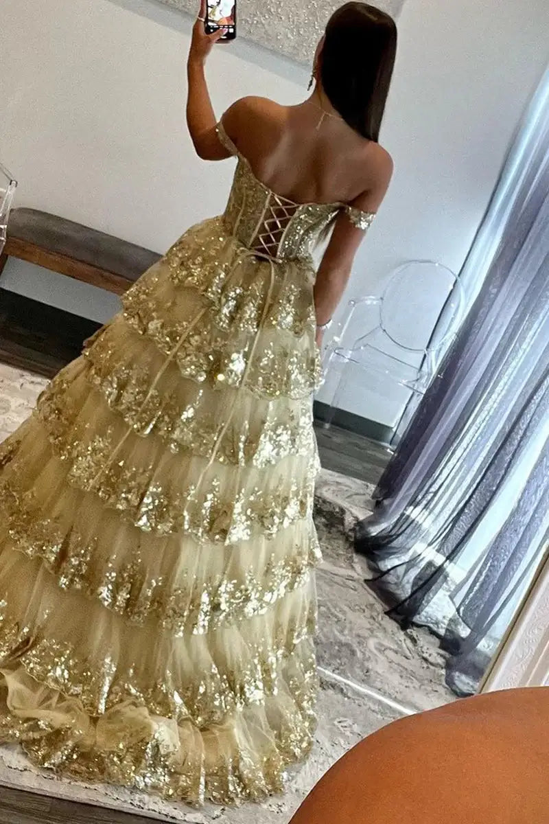 Long Gold Lace Sequins Tiered Prom Dress Off the Shoulder
