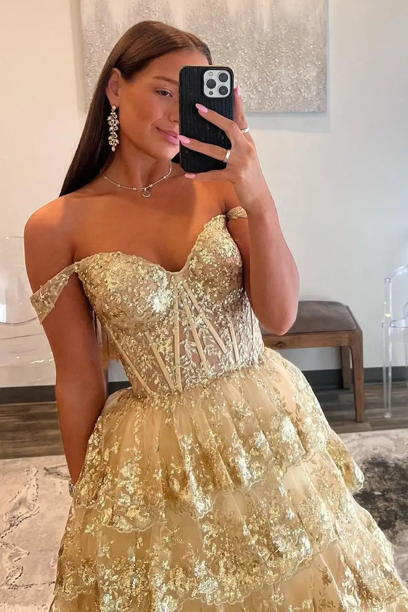 Long Gold Lace Sequins Tiered Prom Dress Off the Shoulder