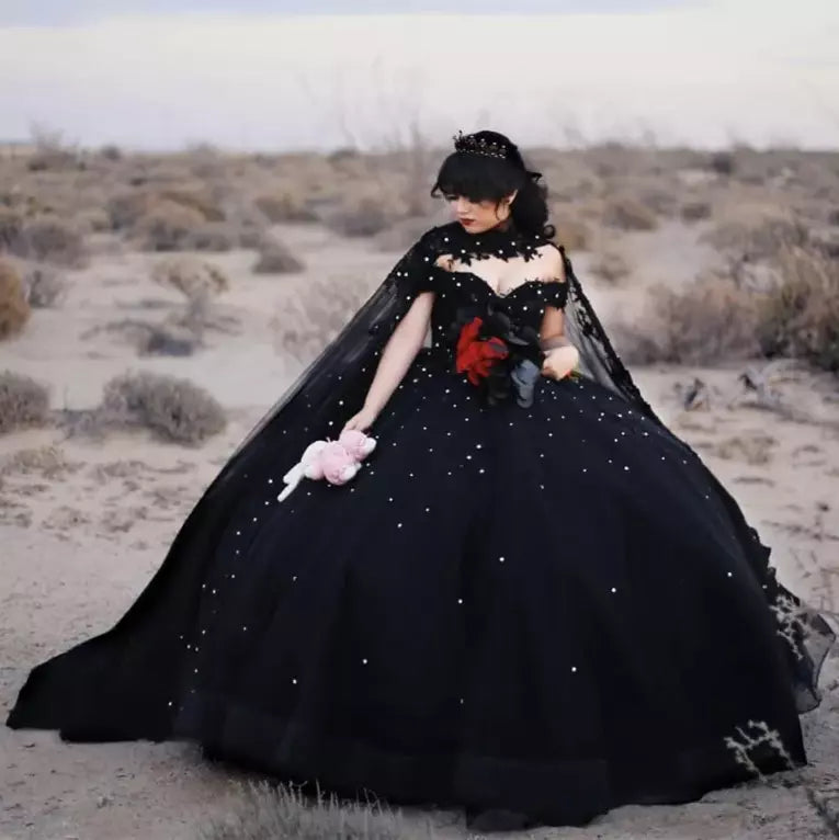 Gorgeous Black Gothic Quinceanera Dress Beaded Crystals With Cape Mychicdress