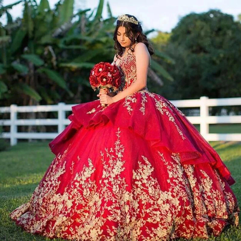 Gorgeous Sweetheart Wine Red Quinceanera Dress With Gold Lace Applique Mychicdress