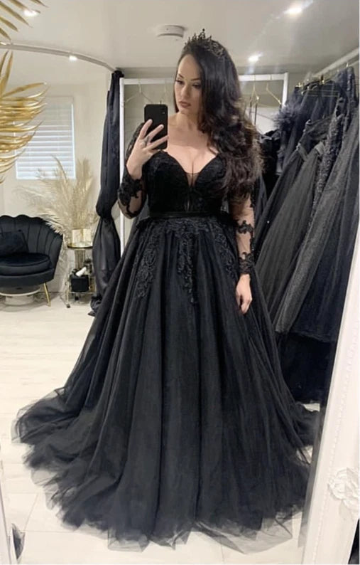 Gothic Long Sleeve Black Wedding Dress Lace V-Neck A Line