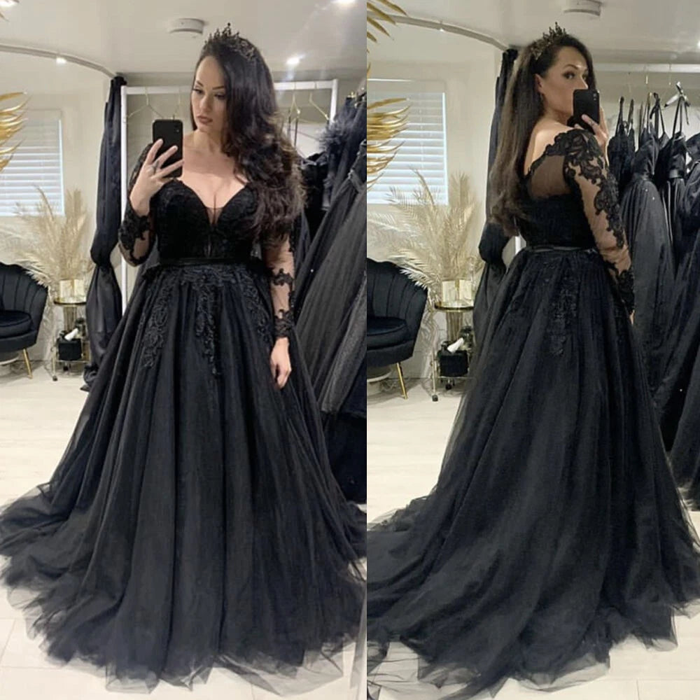Gothic Long Sleeve Black Wedding Dress Lace V-Neck A Line