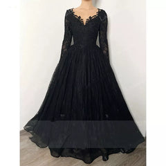 Gothic Long Sleeves Lace Wedding Dress Black V Neck