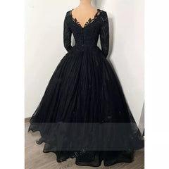 Gothic Long Sleeves Lace Wedding Dress Black V Neck