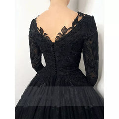 Gothic Long Sleeves Lace Wedding Dress Black V Neck