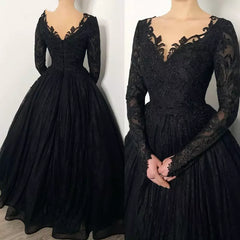 Gothic Long Sleeves Lace Wedding Dress Black V Neck