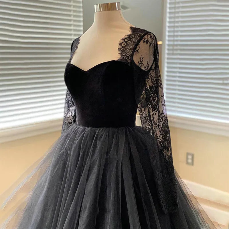Cheap Gothic Tulle Wedding Dress Black Sweetheart Lace Sleeves