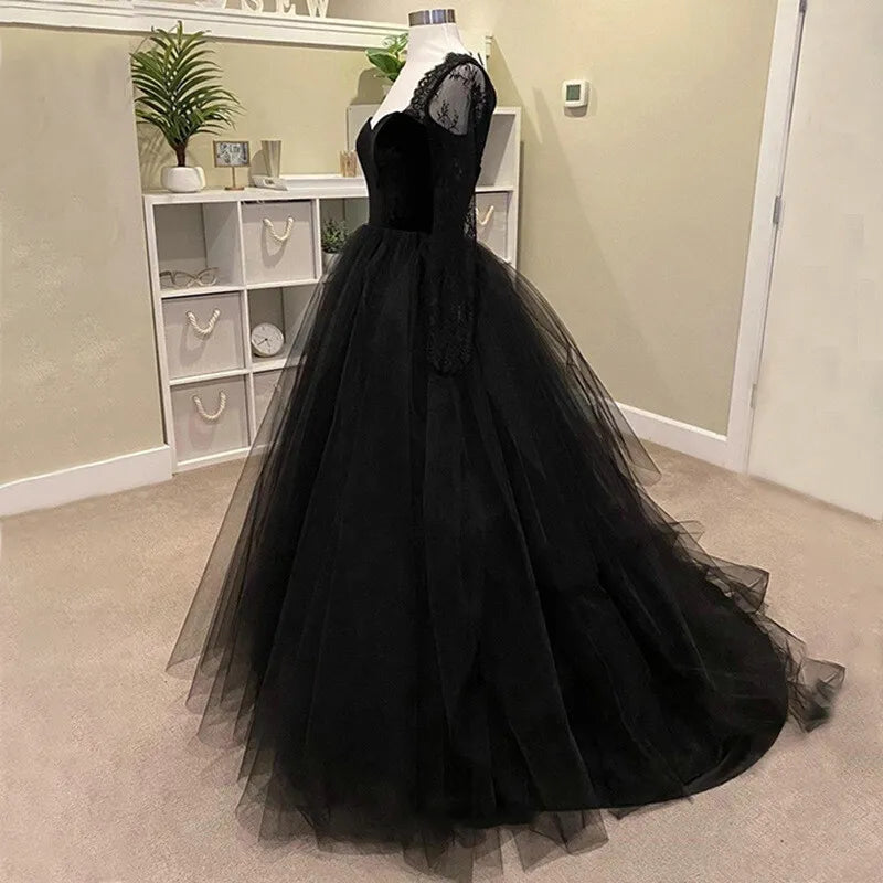 Cheap Gothic Tulle Wedding Dress Black Sweetheart Lace Sleeves