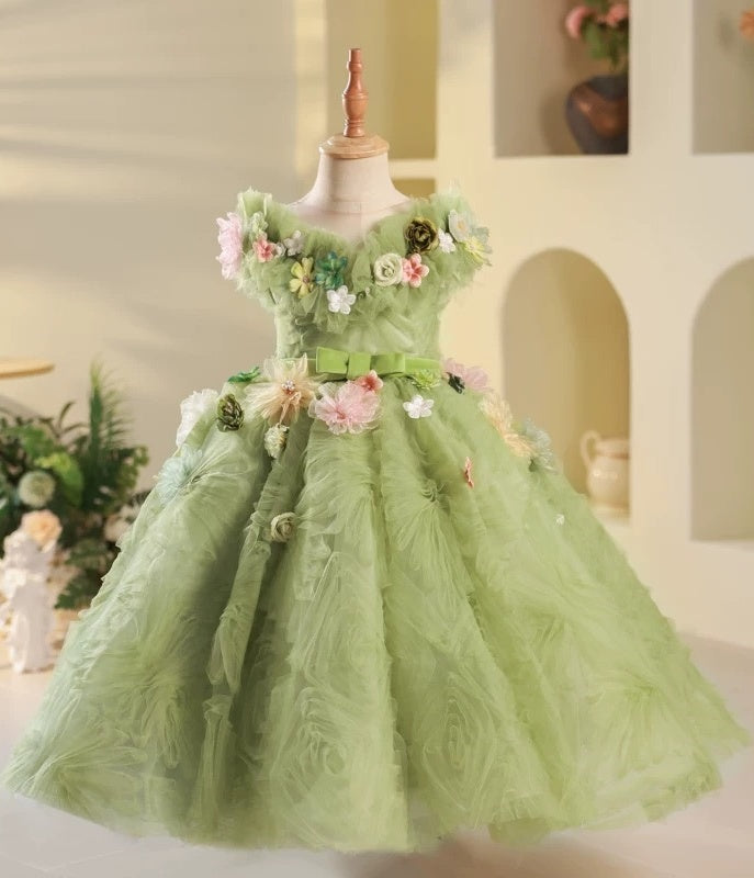Green Elf Forest Flower Birthday princess Flower Girl Dress Mychicdress