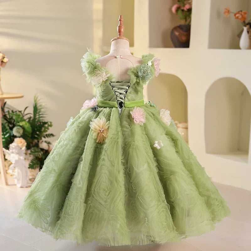 Green Elf Forest Flower Birthday princess Flower Girl Dress