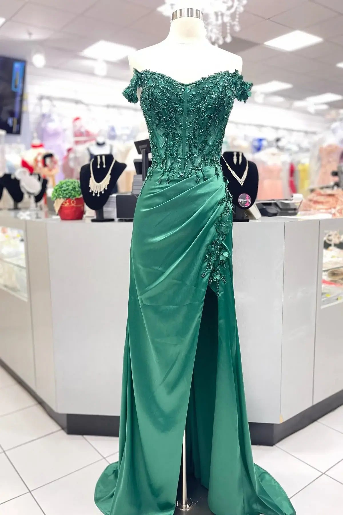 Green Long Evening Dress Off the Shoulder Formal Dress Beaded