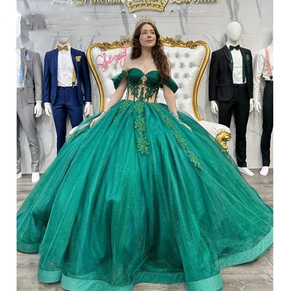 Glitter Emerald Green Vestidos De 15 Anos Tulle Illusion Quinceanera Dresses - MyChicDress