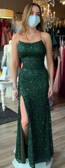 Simple Spaghetti Straps Dark Green Sequin Prom Dresses Mermaid