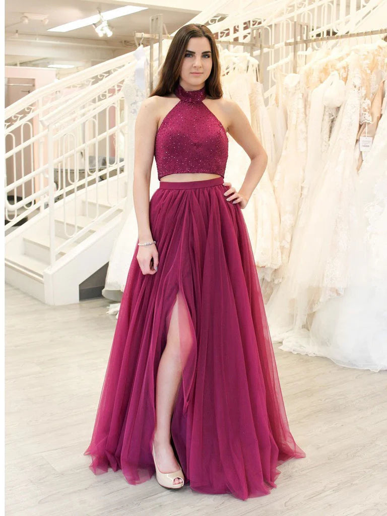 Halter 2 Piece Long Prom Dresses Beaded Fuchsia with Slit Tulle Mychicdress