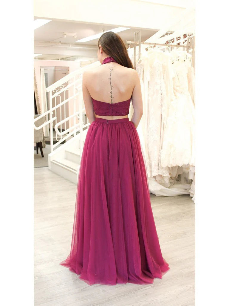 Halter 2 Piece Long Prom Dresses Beaded magenta with Slit Tulle Mychicdress