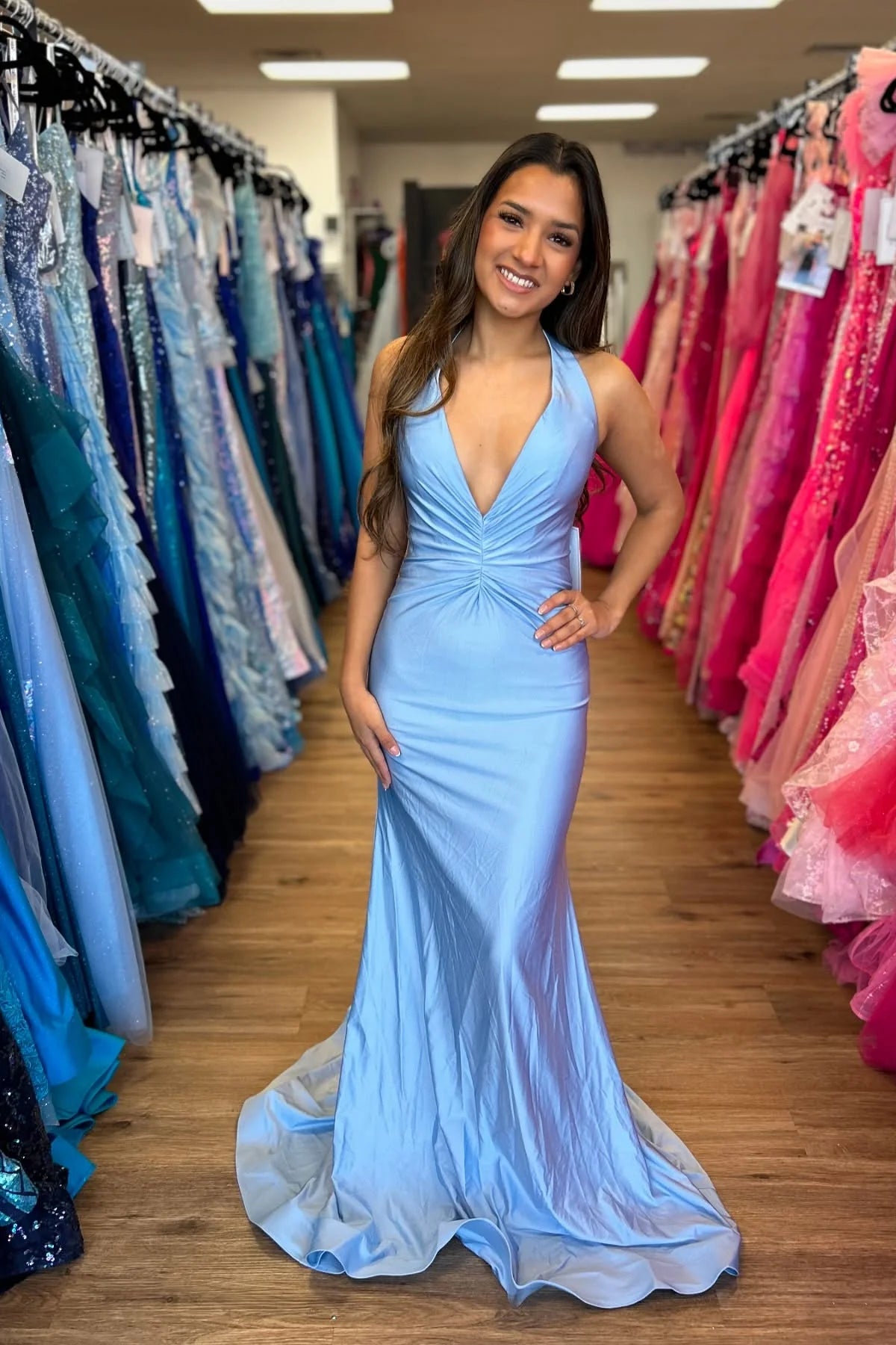 Halter Light Blue Ruched Maxi Guest Dress Satin V Neck Mychicdress