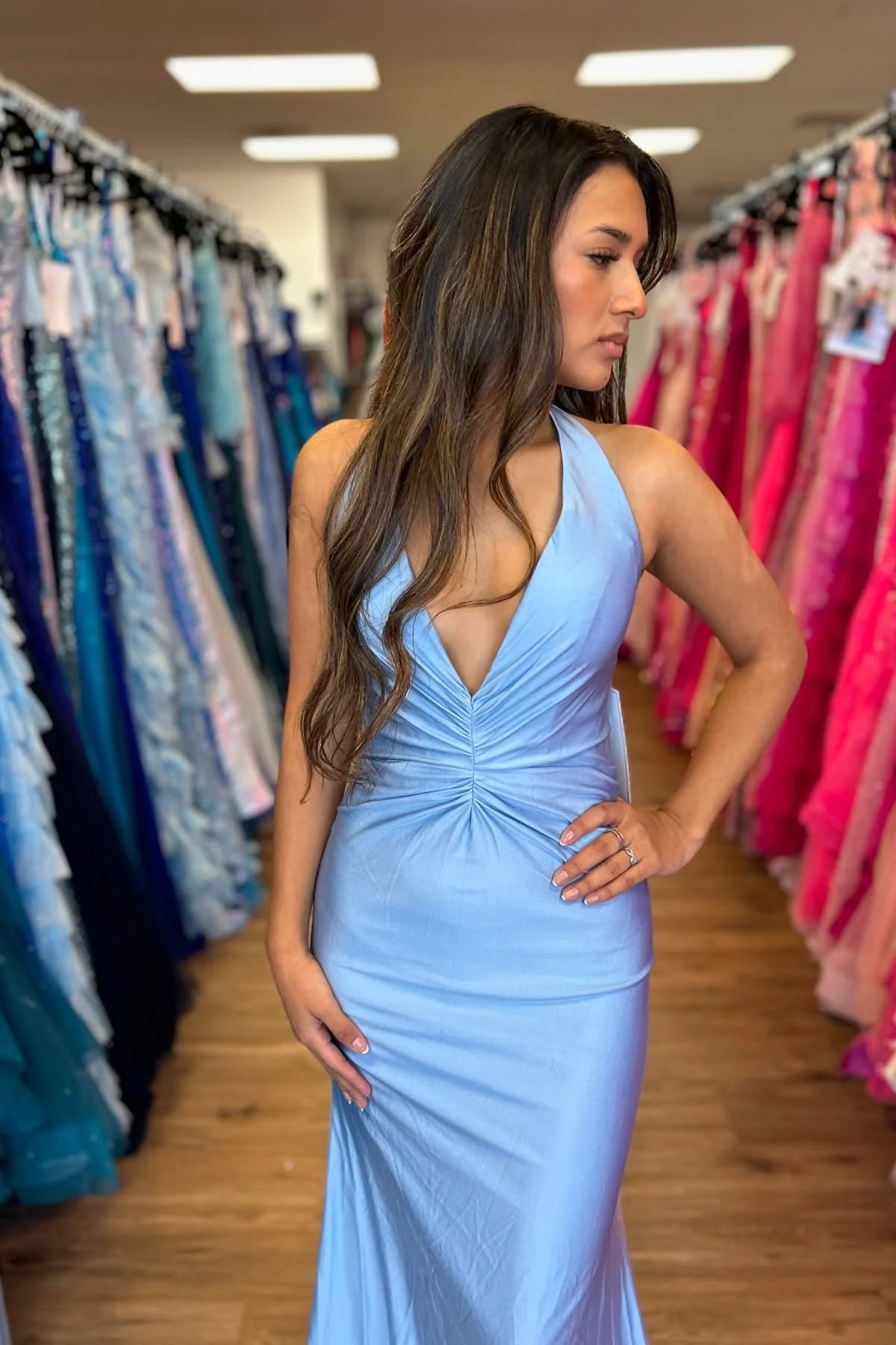 Halter Light Blue Ruched Maxi Guest Dress Satin V Neck Mychicdress