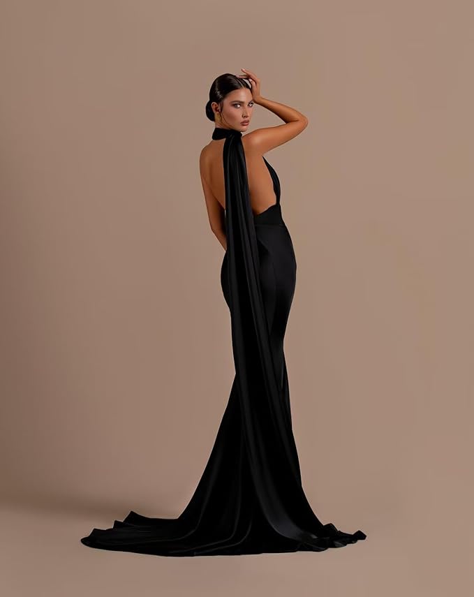 Halter Mermaid Satin Black Evening Dress Long Sleeveless Mychicdress