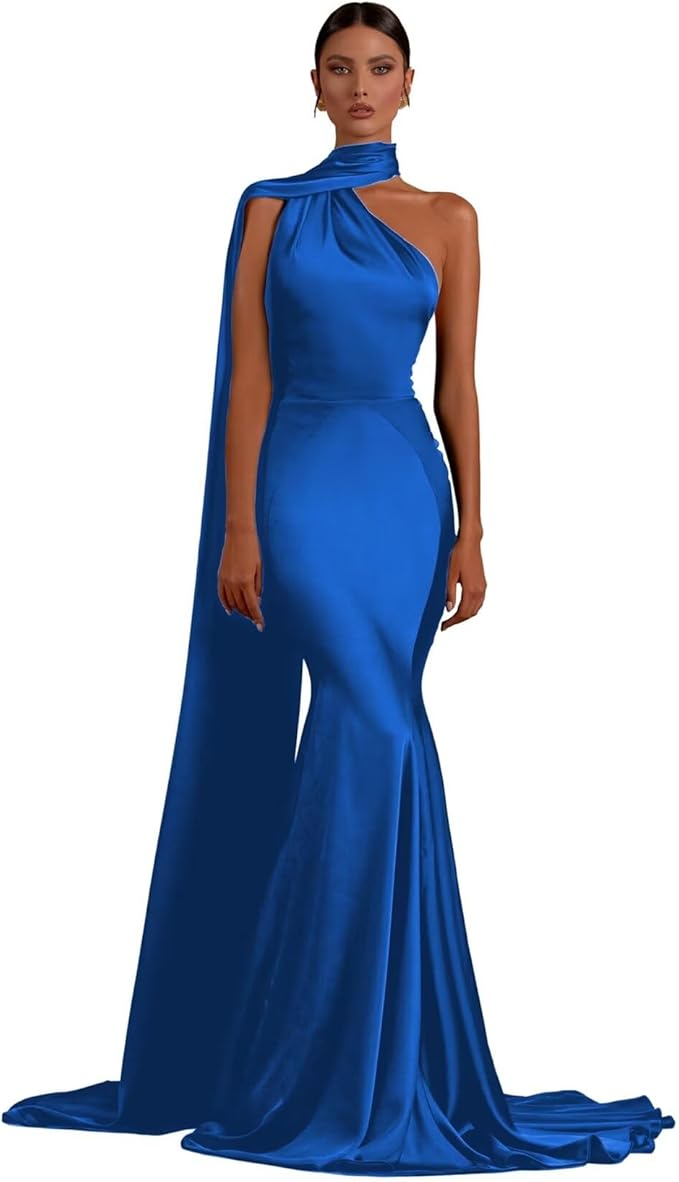 Halter Mermaid Satin Black Evening Dress Long Sleeveless