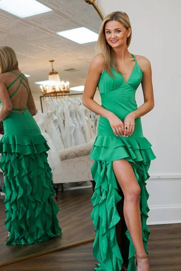 Hi Lo Green Semi Formal Dress Ruffled V-Neck Sleeveless Satin With Slit