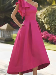 High-Low Hot Pink Satin Formal Mother of Bride Dresses with Ruffles Shoulder