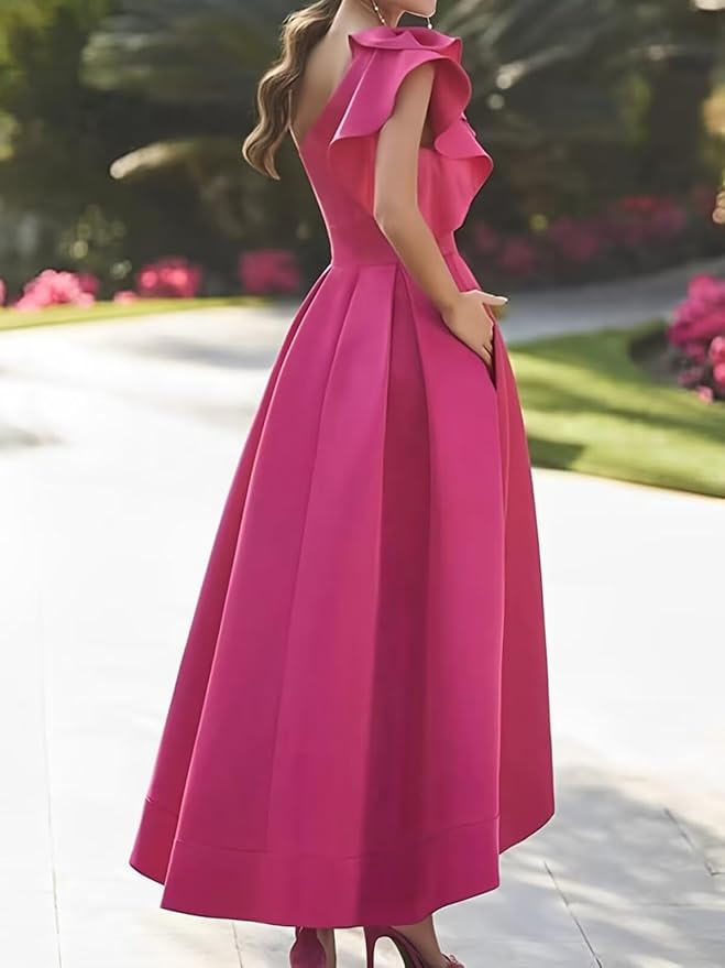 High-Low Hot Pink Satin Formal Mother of Bride Dresses with Ruffles Shoulder