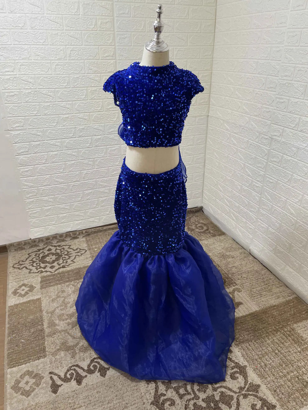 High Neck royal blue Two Pieces Sequin Girl Pageant Dress Cap Sleeves Mychicdress