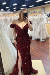 Hot Burgundy Prom Dress Sequin Mermaid Off the shoulder