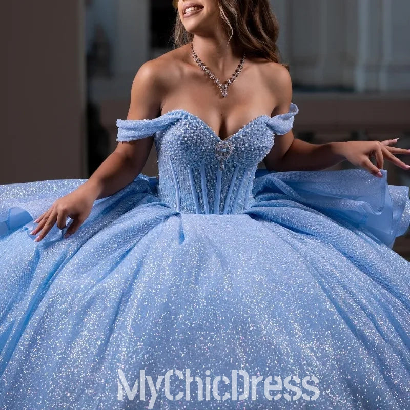 Hot Light Blue Sweet 16 Dress Tulle Pearls Quinceanera vestidos de 15 XV Anos Mychicdress