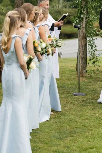 Hot Long Bridesmaid Dress Blue Satin Sleeveless with Bows Straps