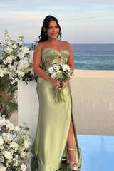 Hot Long Sage Green Bridesmaid Dress Satin Mermaid Sweetheart with Slit