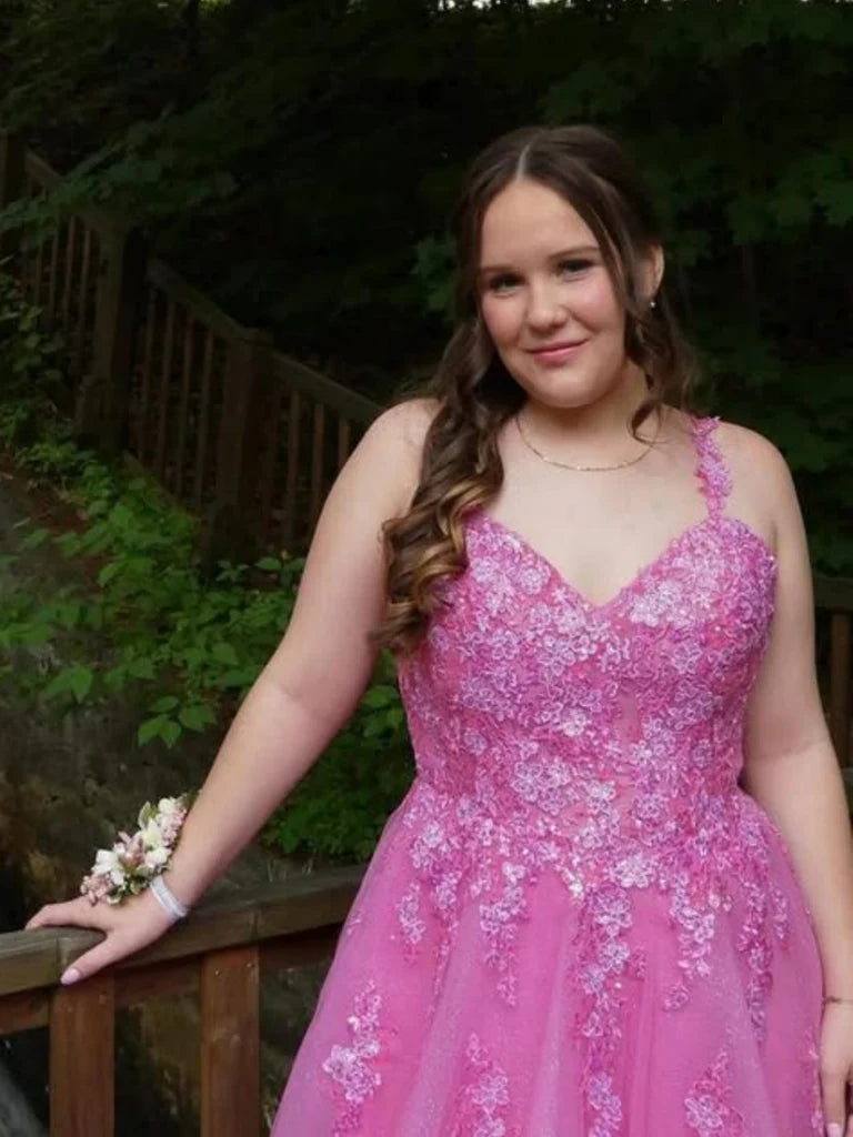 Hot Pink Lace Formal Dress Plus Size V Neck Long Evening Dress UK Mychicdress