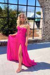 Hot Pink Long Formal Dress 2025 Sweeheart Cutout Pleated