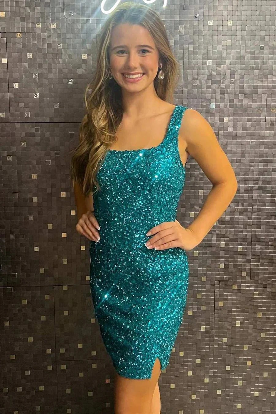 Hot Teal Green Sequin Homecoming Dress Squre Neck for Juniors Mychicdress
