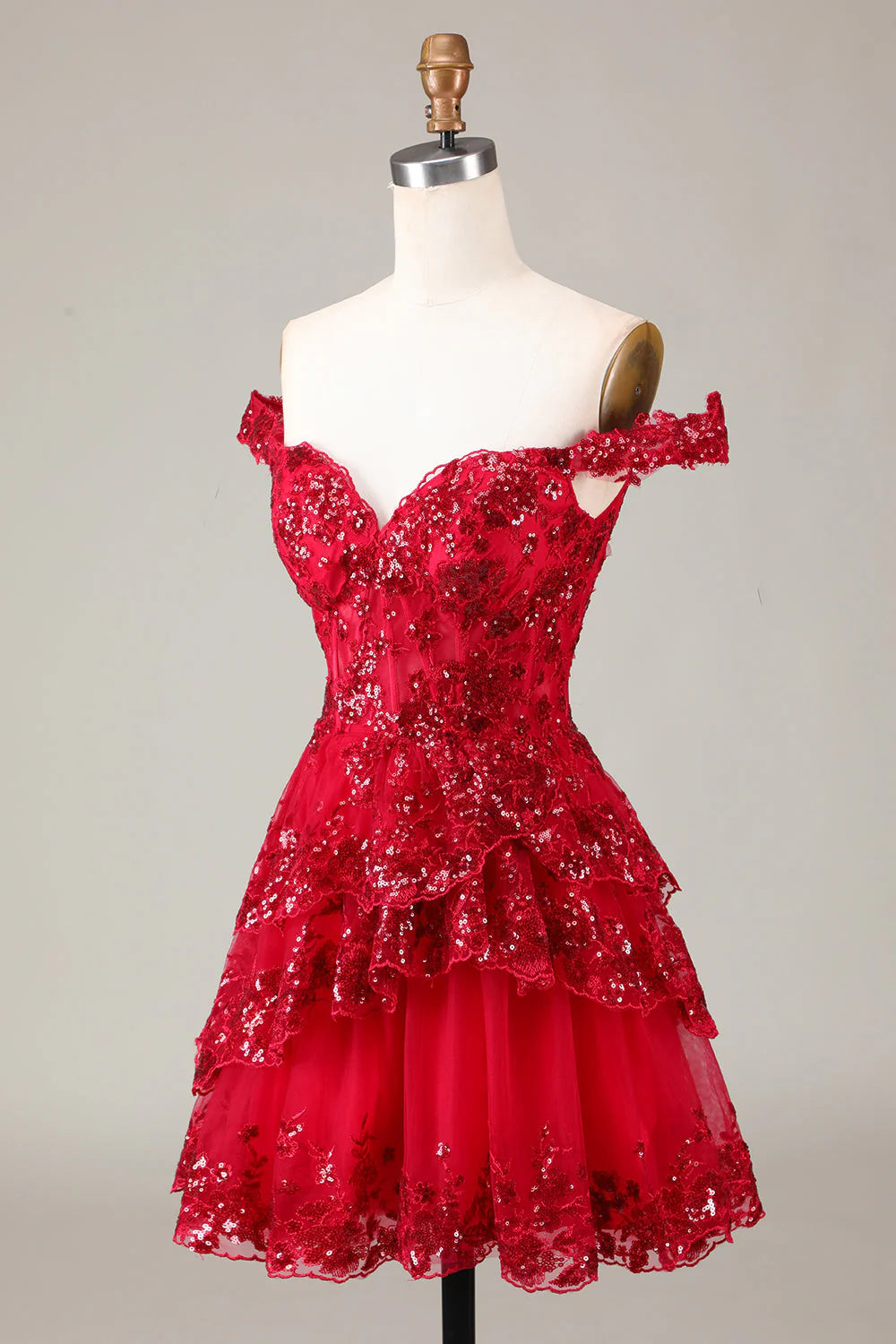 Hot Tulle Sequin red Prom Dress Short Sheer Corset Bodice