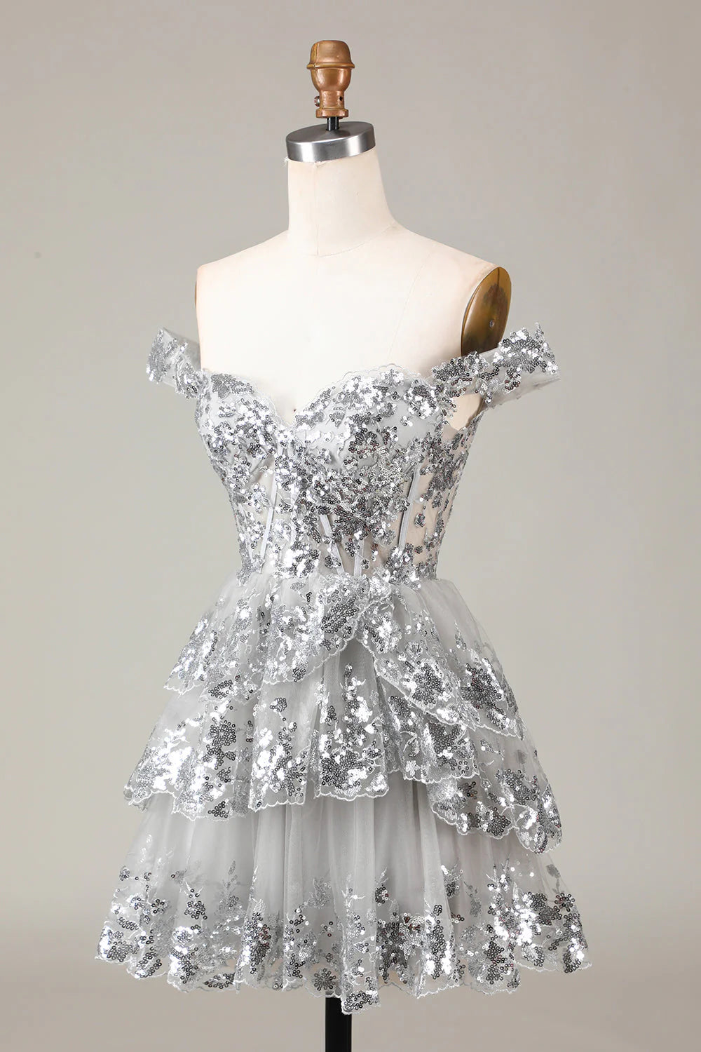 Hot Tulle Sequin silver Prom Dress Short Sheer Corset Bodice