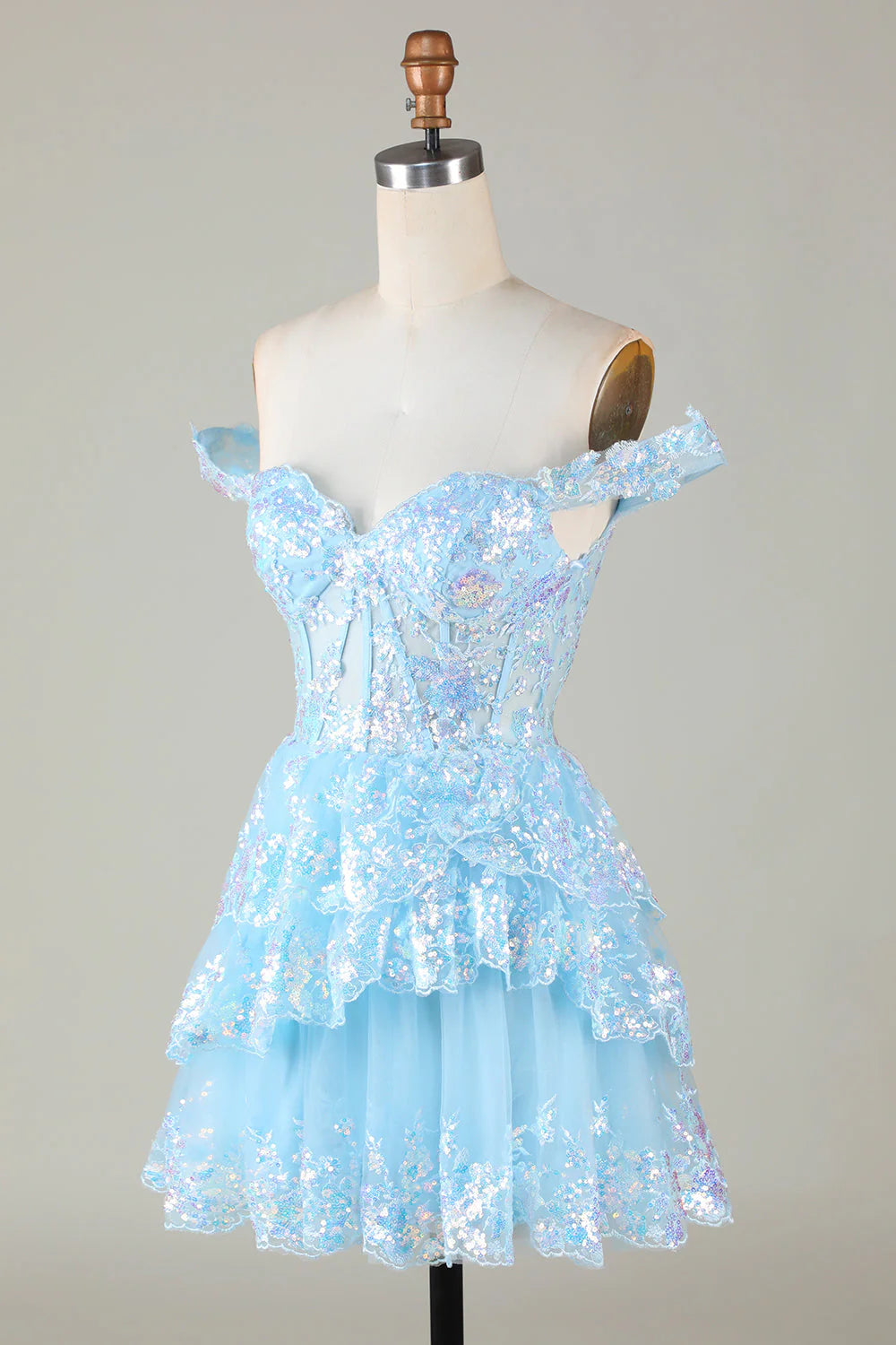 Hot Tulle Sequin blue Prom Dress Short Sheer Corset Bodice