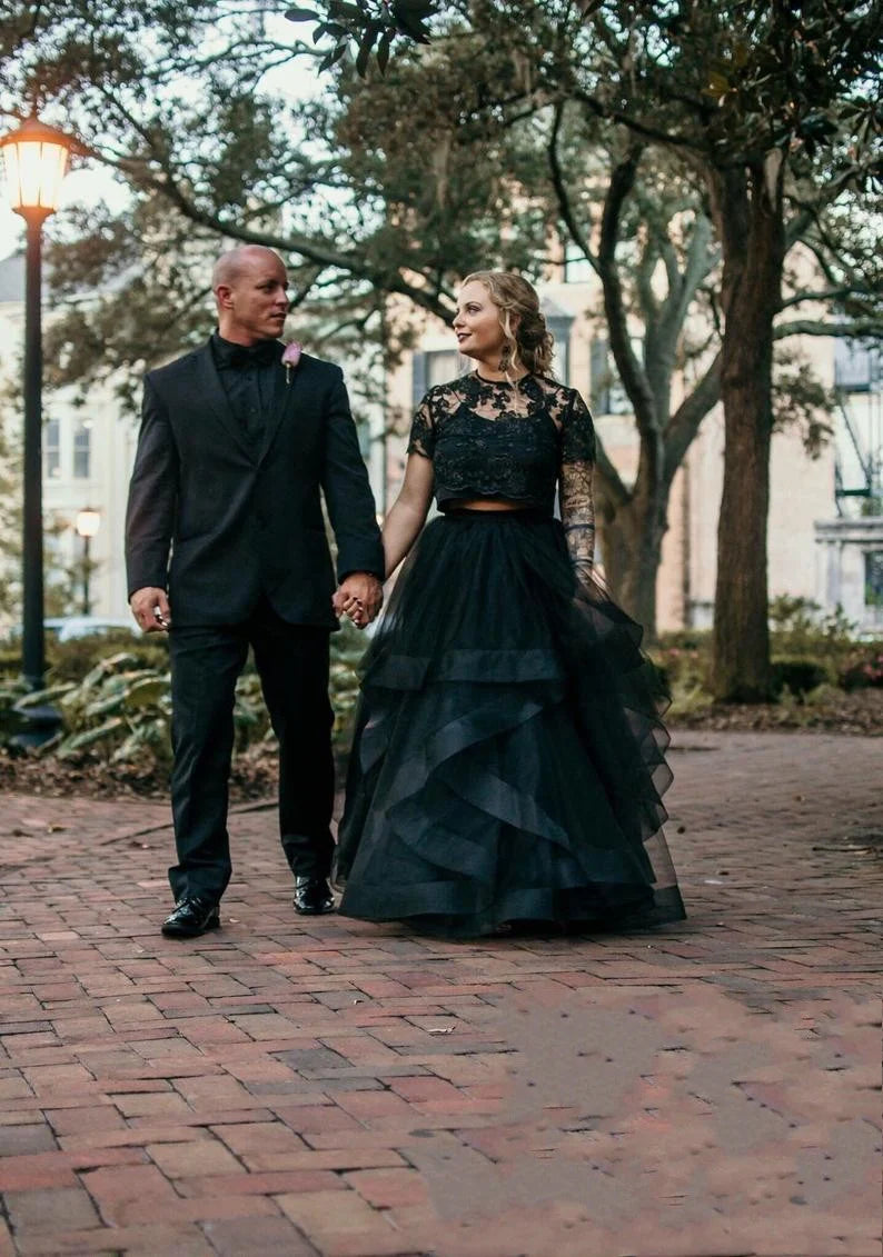 Hot 2 Piece Black Wedding Dress Lace Layers Short Sleeves Mychicdress