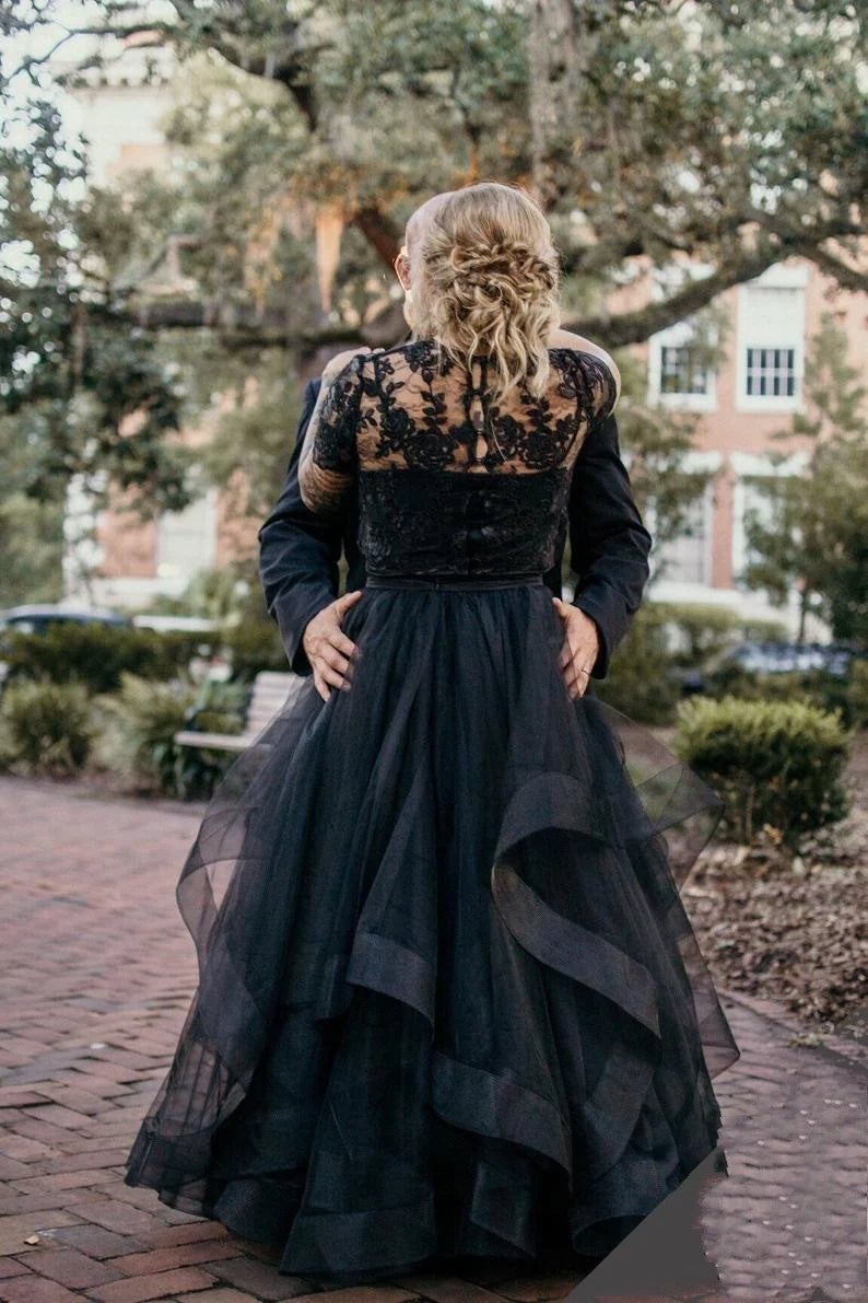 Hot Two Piece Black Wedding Dress Lace Layers Short Sleeves Mychicdress