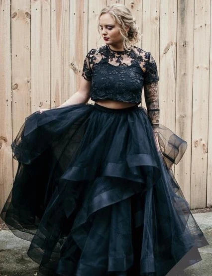 Hot Two Piece Black Wedding Dress Lace Layers Short Sleeves Mychicdress