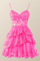 Hot Pink Short Prom Dress Straps Appliques Tiered Homecoming Dress Layered